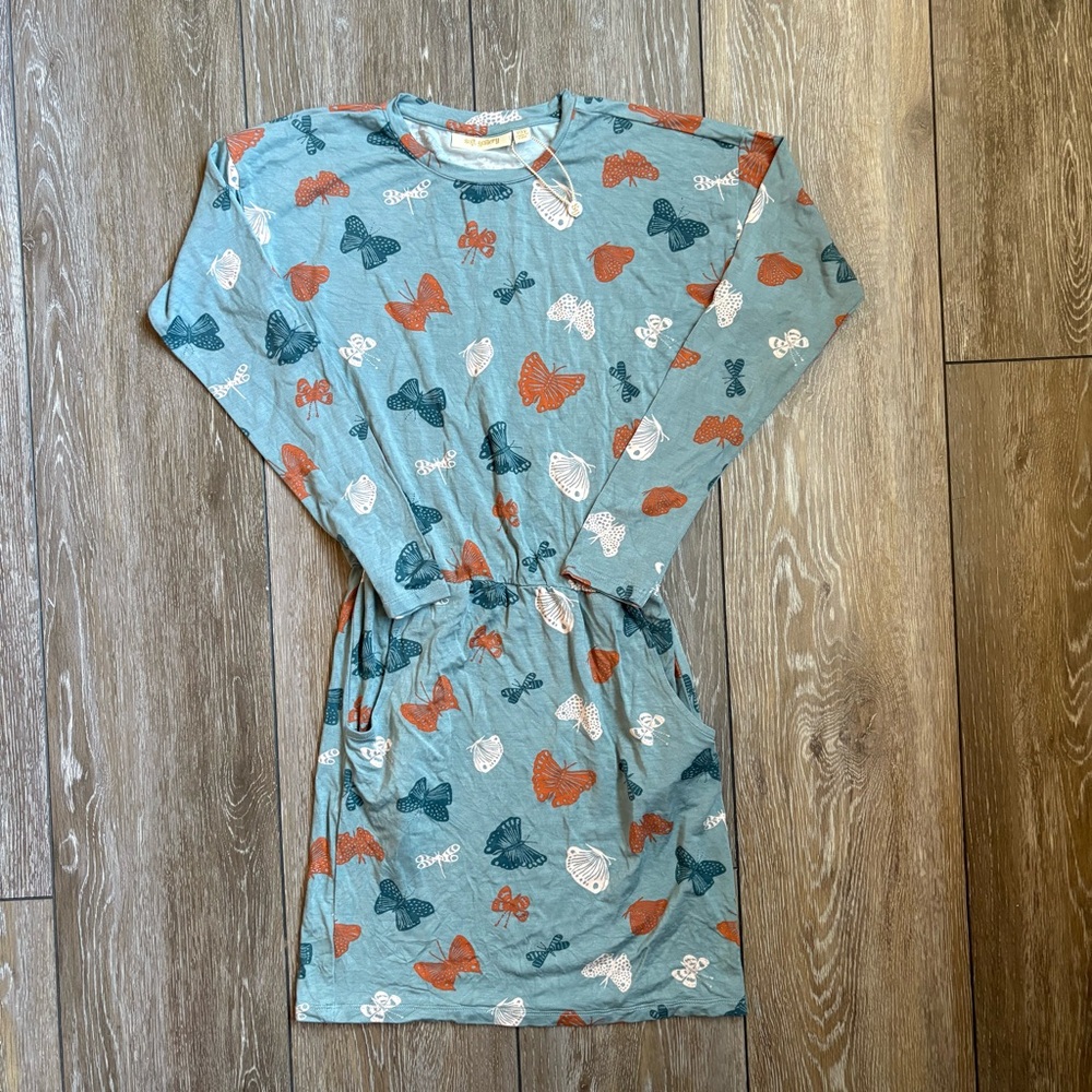 Soft Gallery Butterfly Print Long Sleeve Dress Girls Size 10Y Blue Elastic Waist